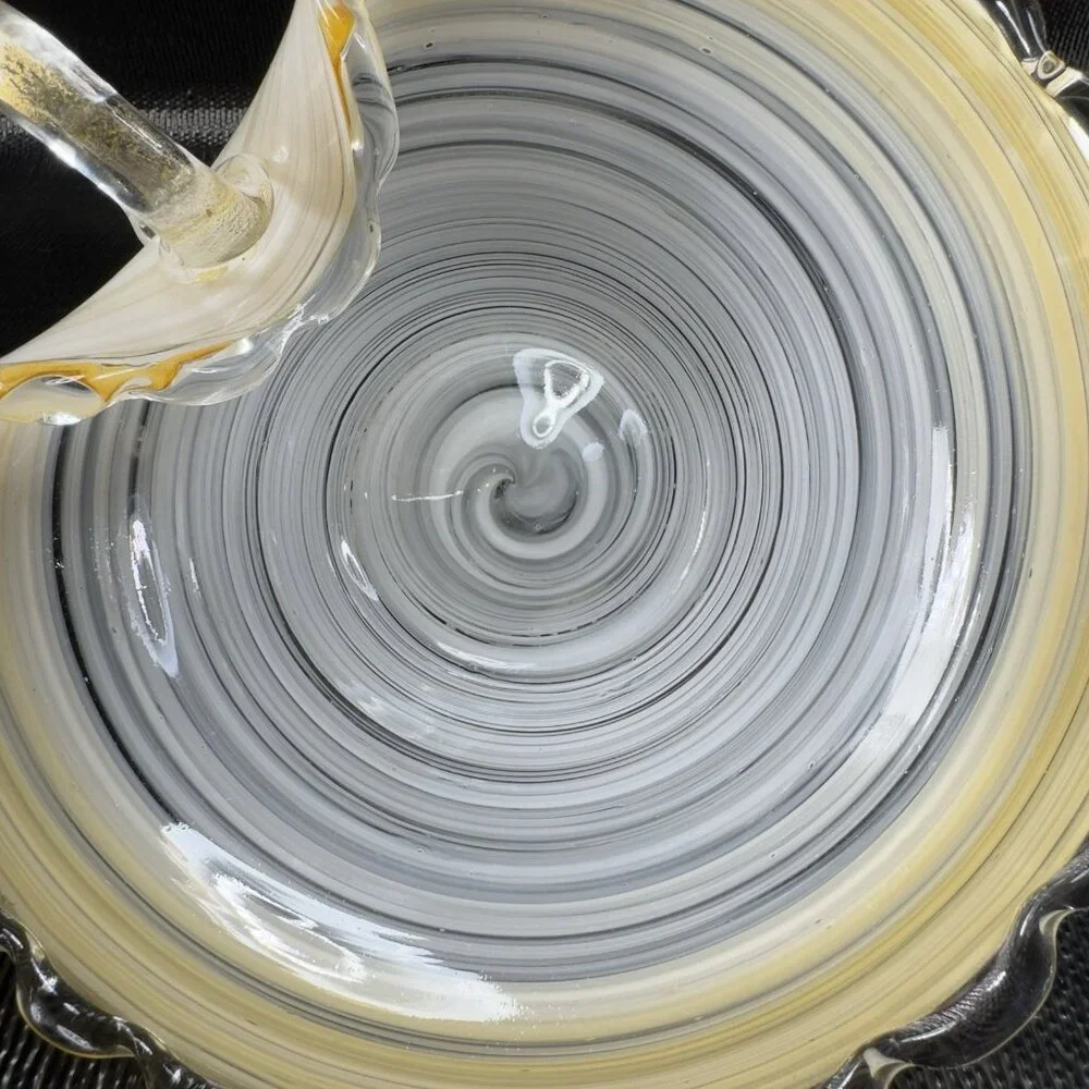 Venetian Art Glass Dish Bowl W Handles Hand Blown Italian Glass Gold White Swirl